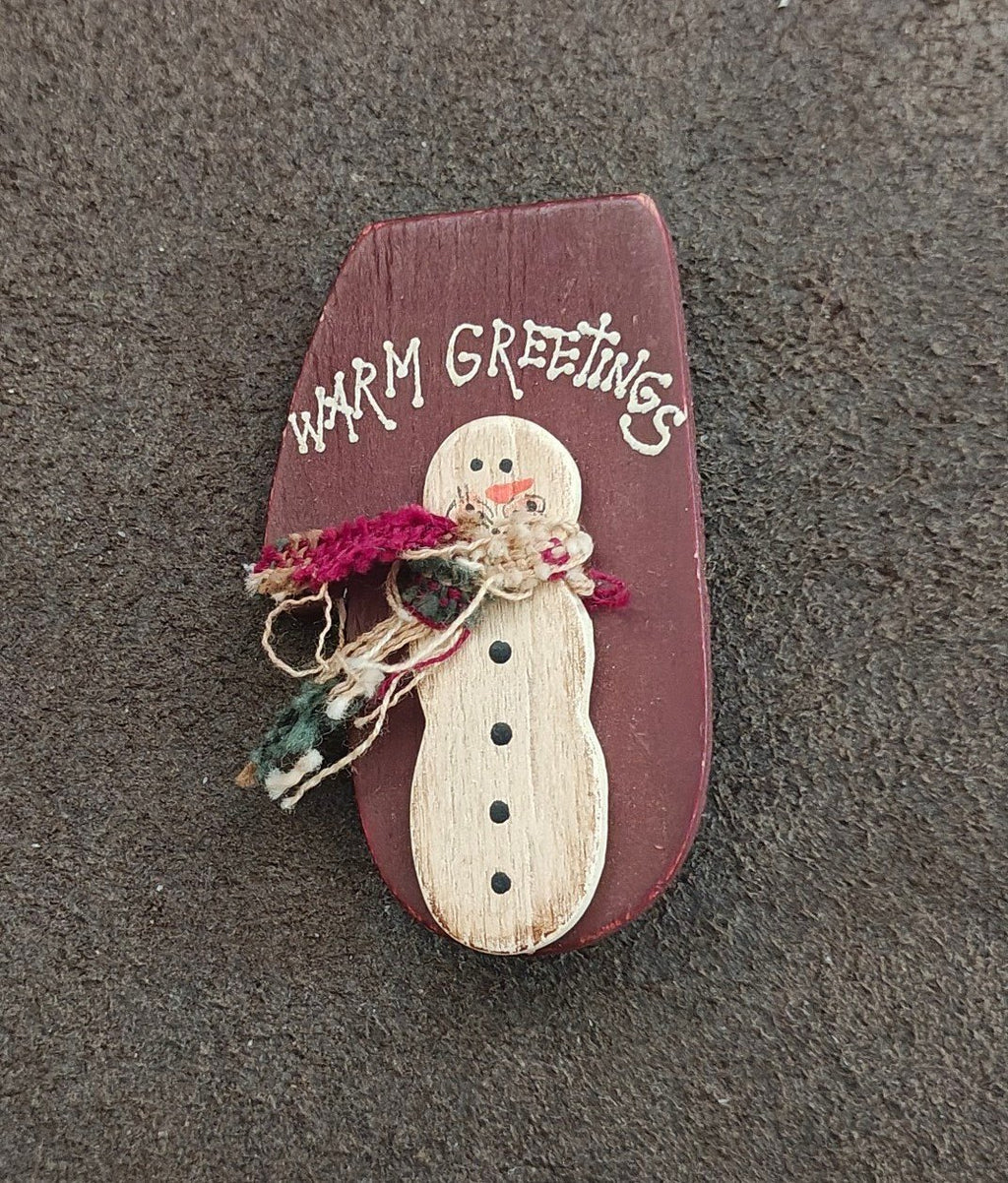 Hand Crafted Painted Rustic Wooden Christmas Snowman Brooch