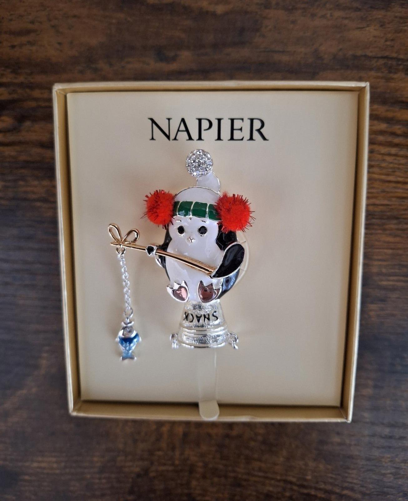 Napier silver-tone enamel penguin fishing pin in gift box, details view