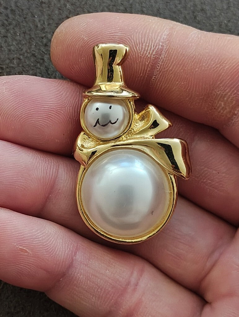1980s Gold Tone Faux Pearl Snowman Brooch