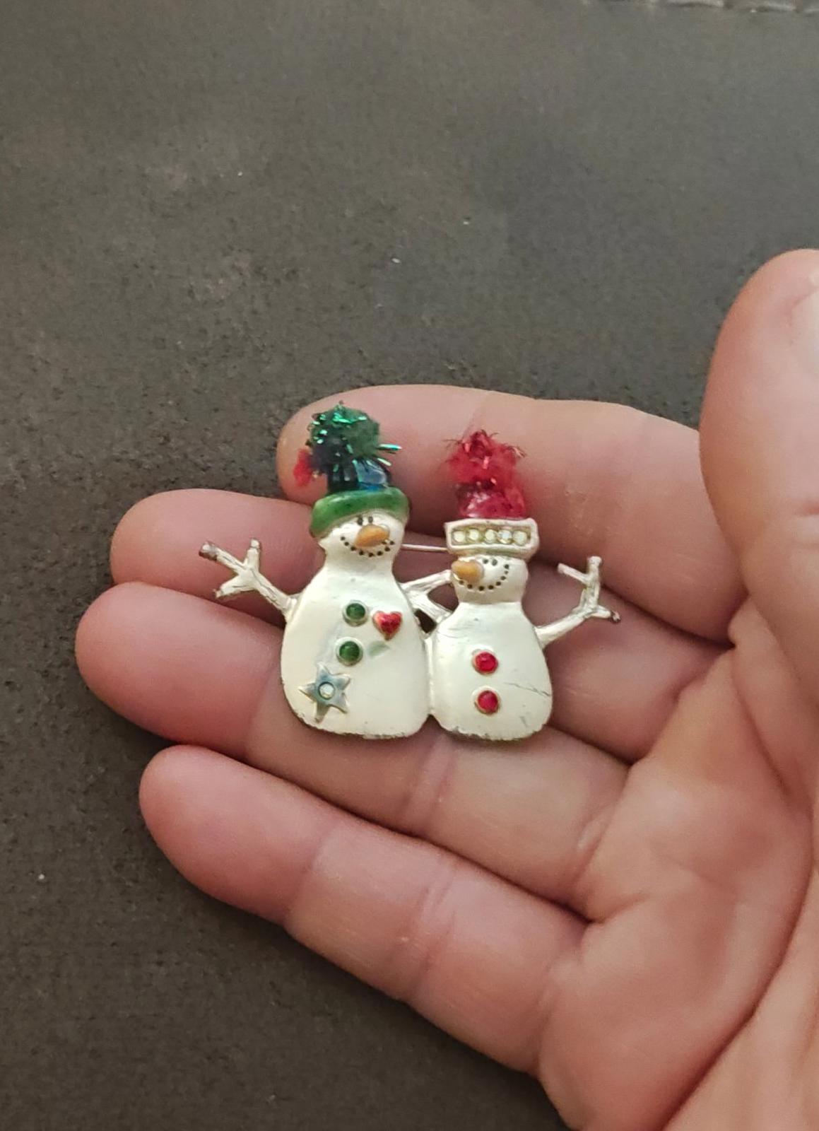 1980s Silver Tone With iridescent Rhinestones Two Snowman Enamel Brooch