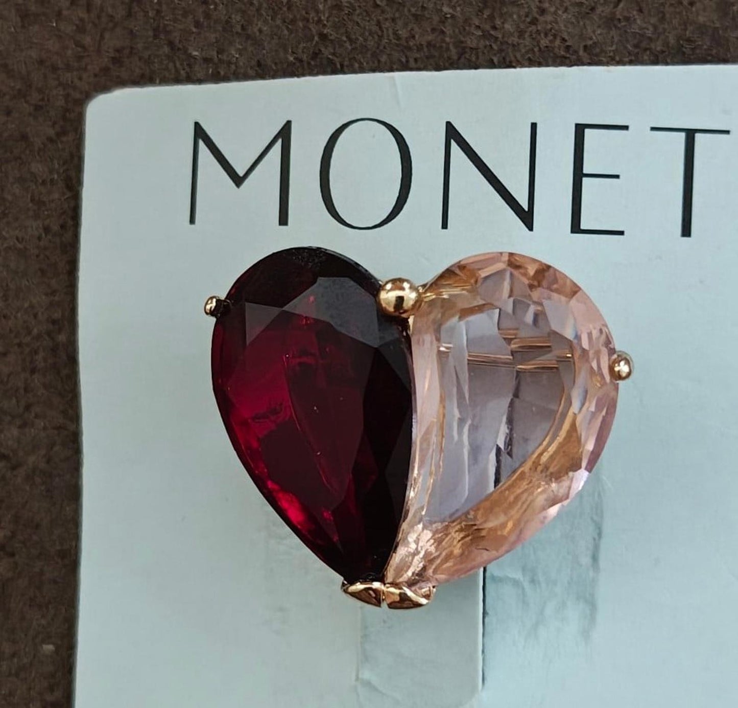 1980's Monet Diamond Cut Red & Pink Heart Shaped Stones Brooch Pin