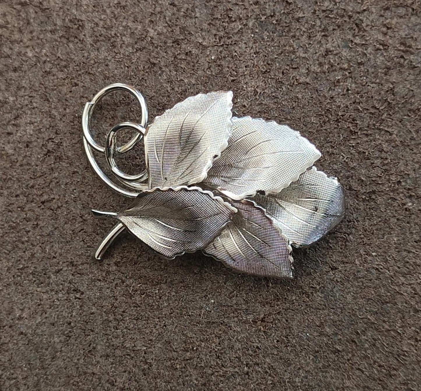1960s Polished Finish Silver Tone Bunch of Leaves Textured Brooch
