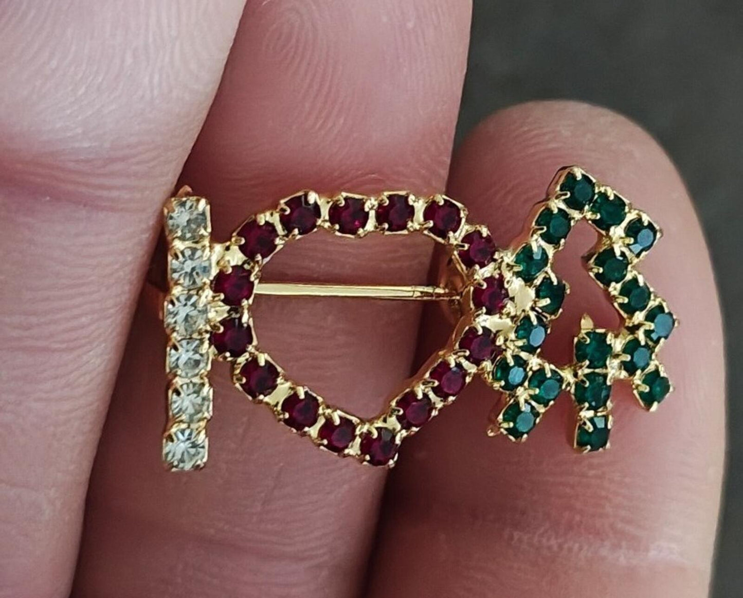 1980s "I Heart Christmas Tree" Gold Tone With Multi Colored Rhinestones Brooch
