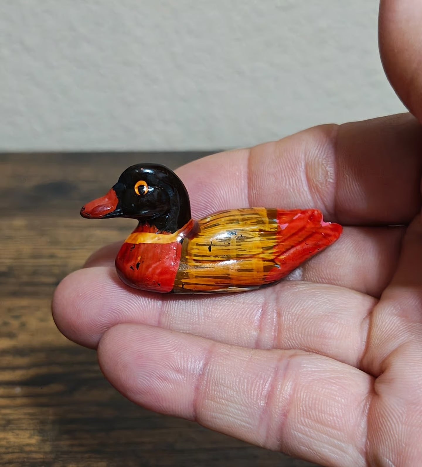 1980s Handmade Hand painted Small Mandarin Duck Wood Figurine