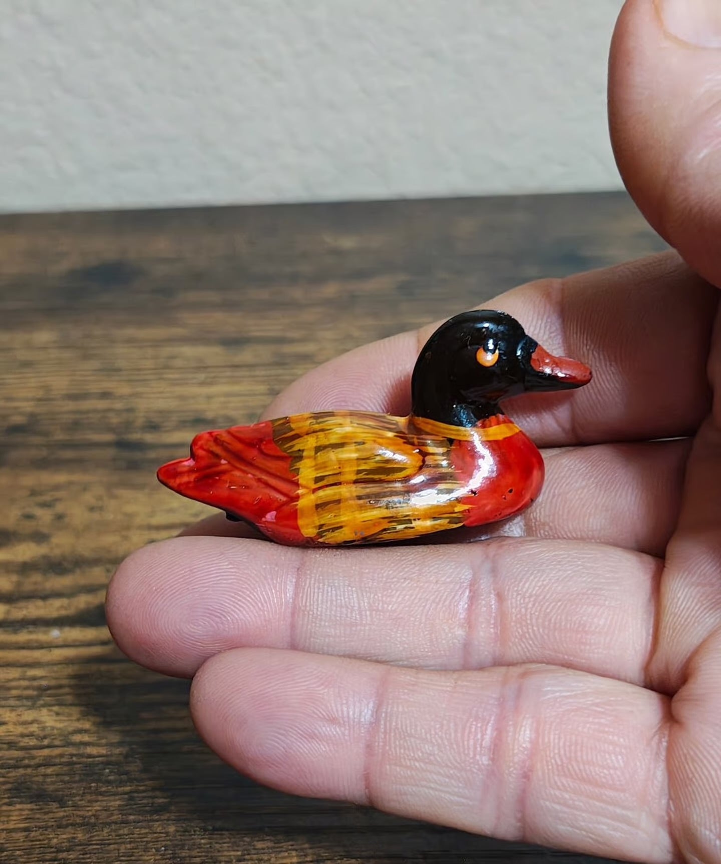 1980s Handmade Hand painted Small Mandarin Duck Wood Figurine