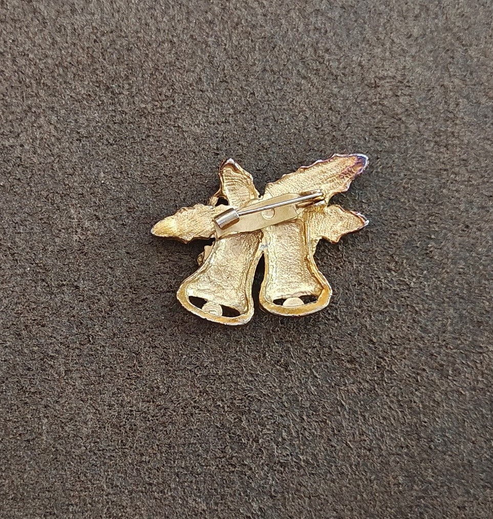 1970s Vintage Gold Tone Enamel Christmas Bells Brooch Pin