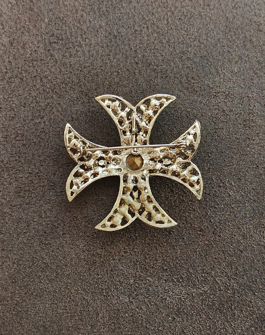 1950s/60s Gold Tone Maltese Cross Brooch & Pendant With Amber Rhinestones.