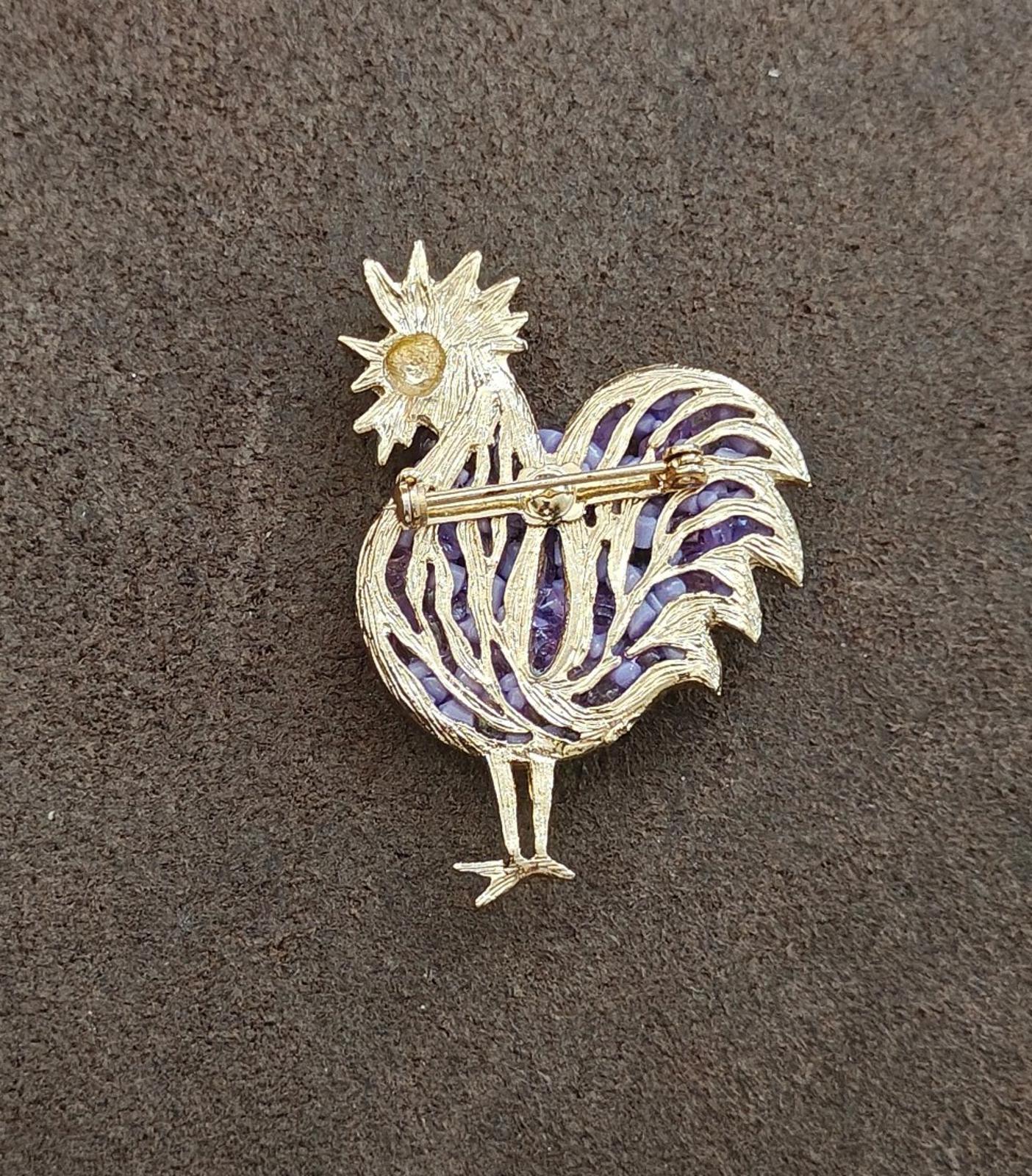 2000s Gold Tone With Purple Beads Rooster Brooch Pin
