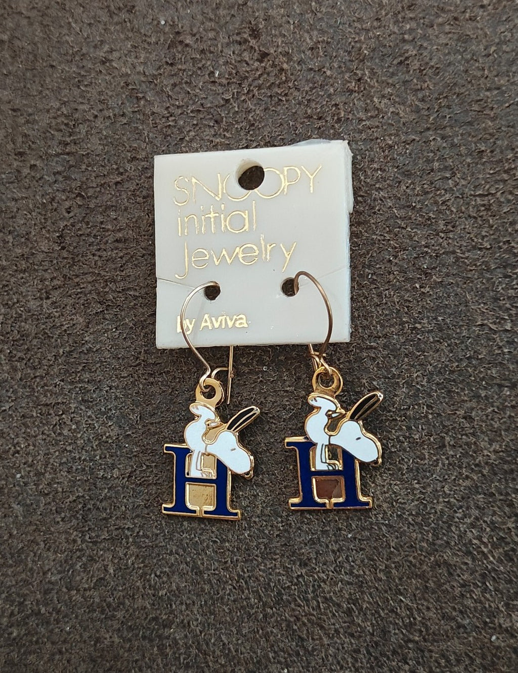 1970s Peanuts Snoopy Initial "H" Gold Tone Cloisonné Enamel Dangle Earrings New