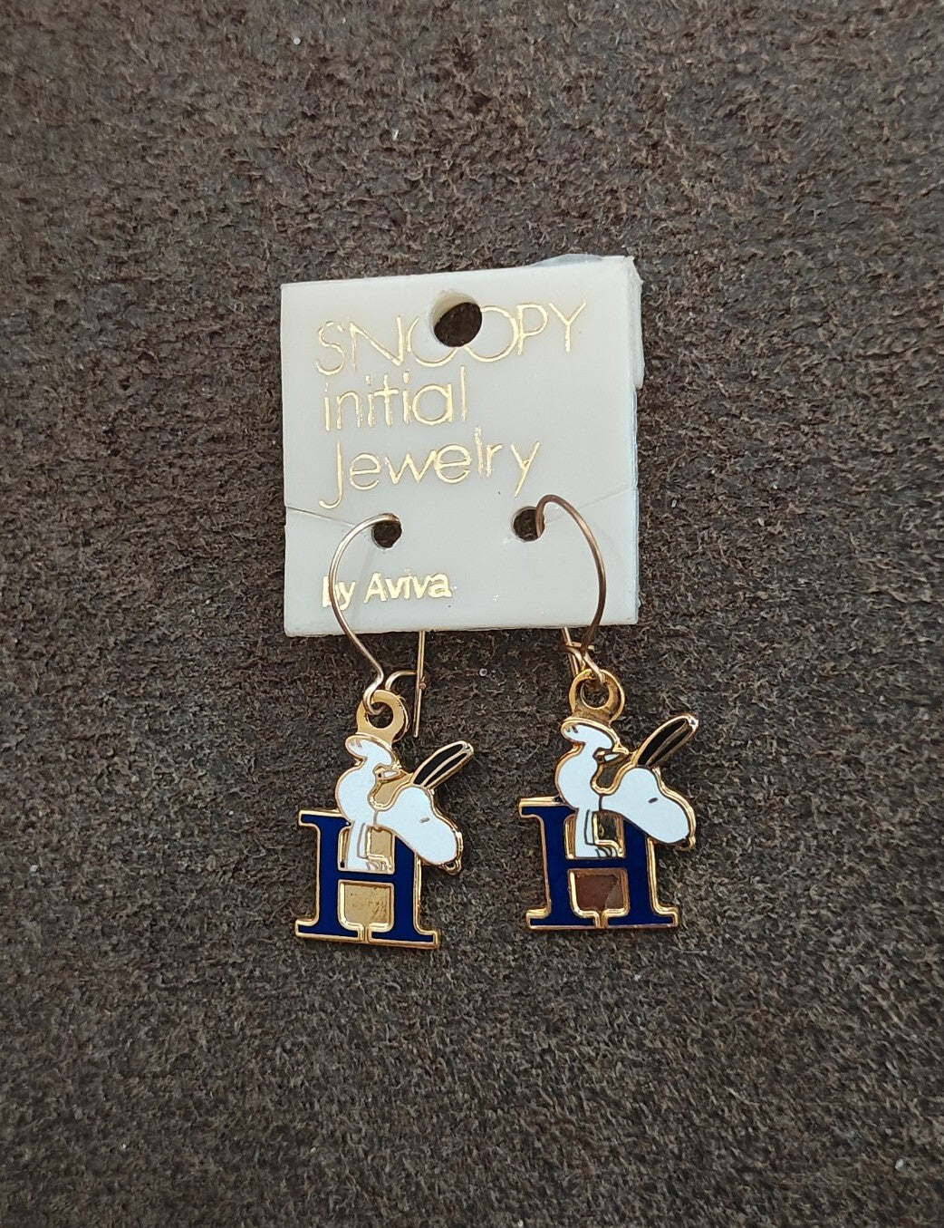 1970s Peanuts Snoopy Initial "H" Gold Tone Cloisonné Enamel Dangle Earrings New