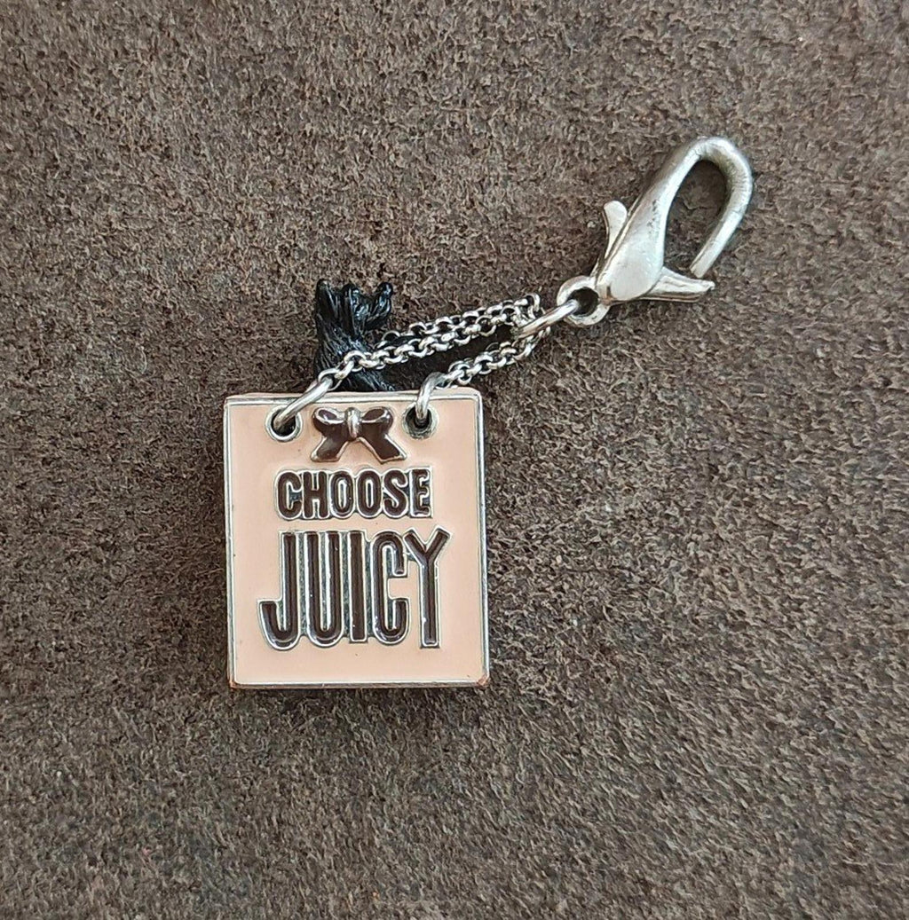 Juicy Couture bag charm with "CHOOSE JUICY" square tag, dog icon, and chain clasp