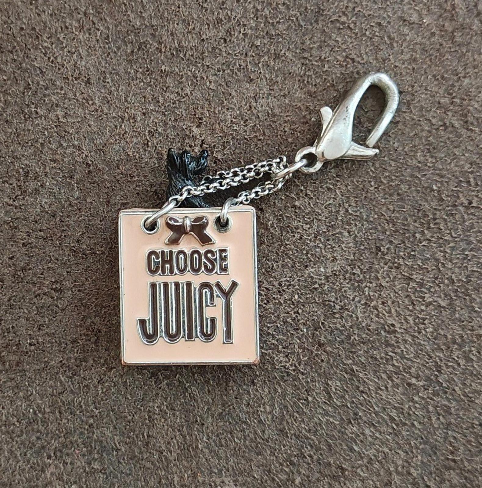 Juicy Couture bag charm with "CHOOSE JUICY" square tag, dog icon, and chain clasp