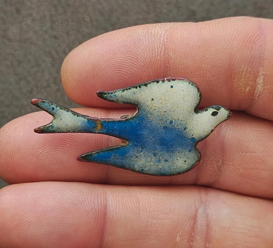 1970s Blue and White Enamel on Copper Decorative Bird Brooch