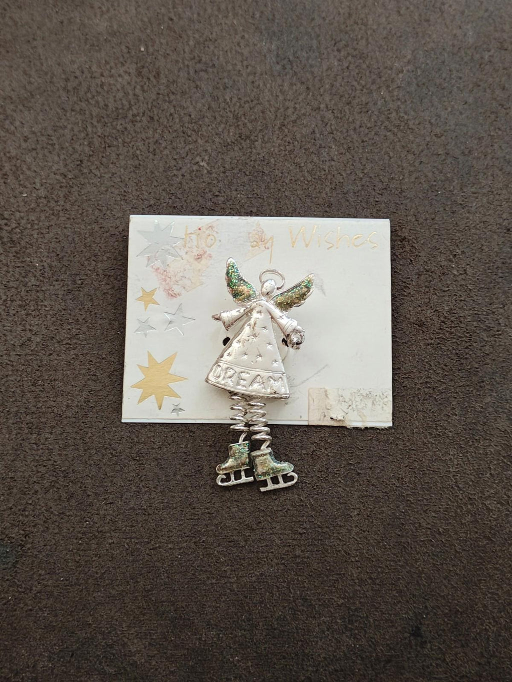 1990s Silver Tone With Glitter Accents "Dream" Angel Brooch