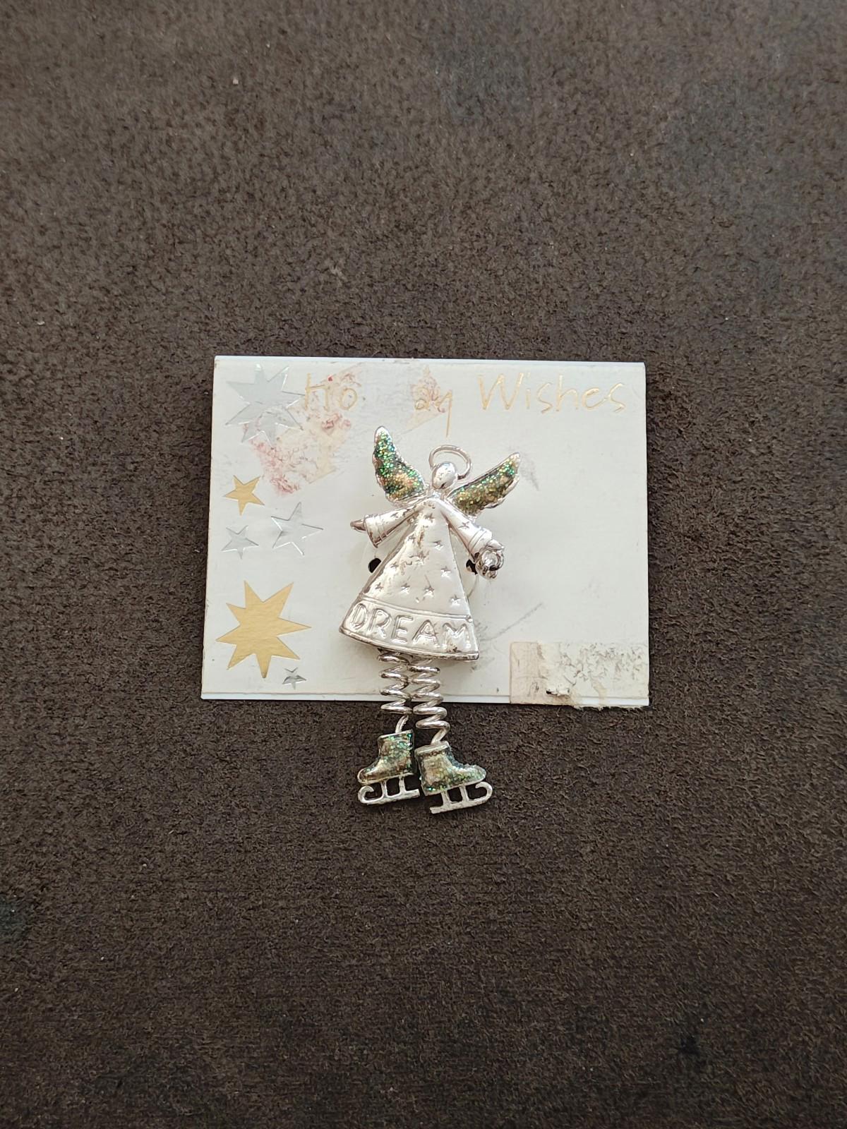 1990s Silver Tone With Glitter Accents "Dream" Angel Brooch