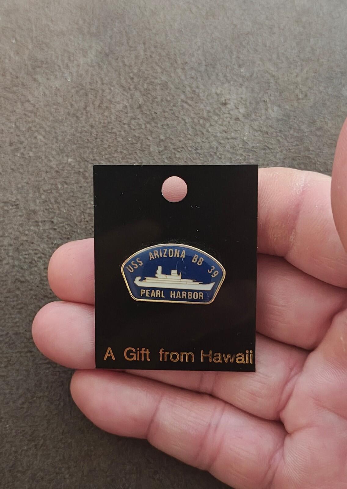 1990s  USS Arizona BB-39 Pearl Harbor Souvenir Gold Tone Blue Enamel  Pin