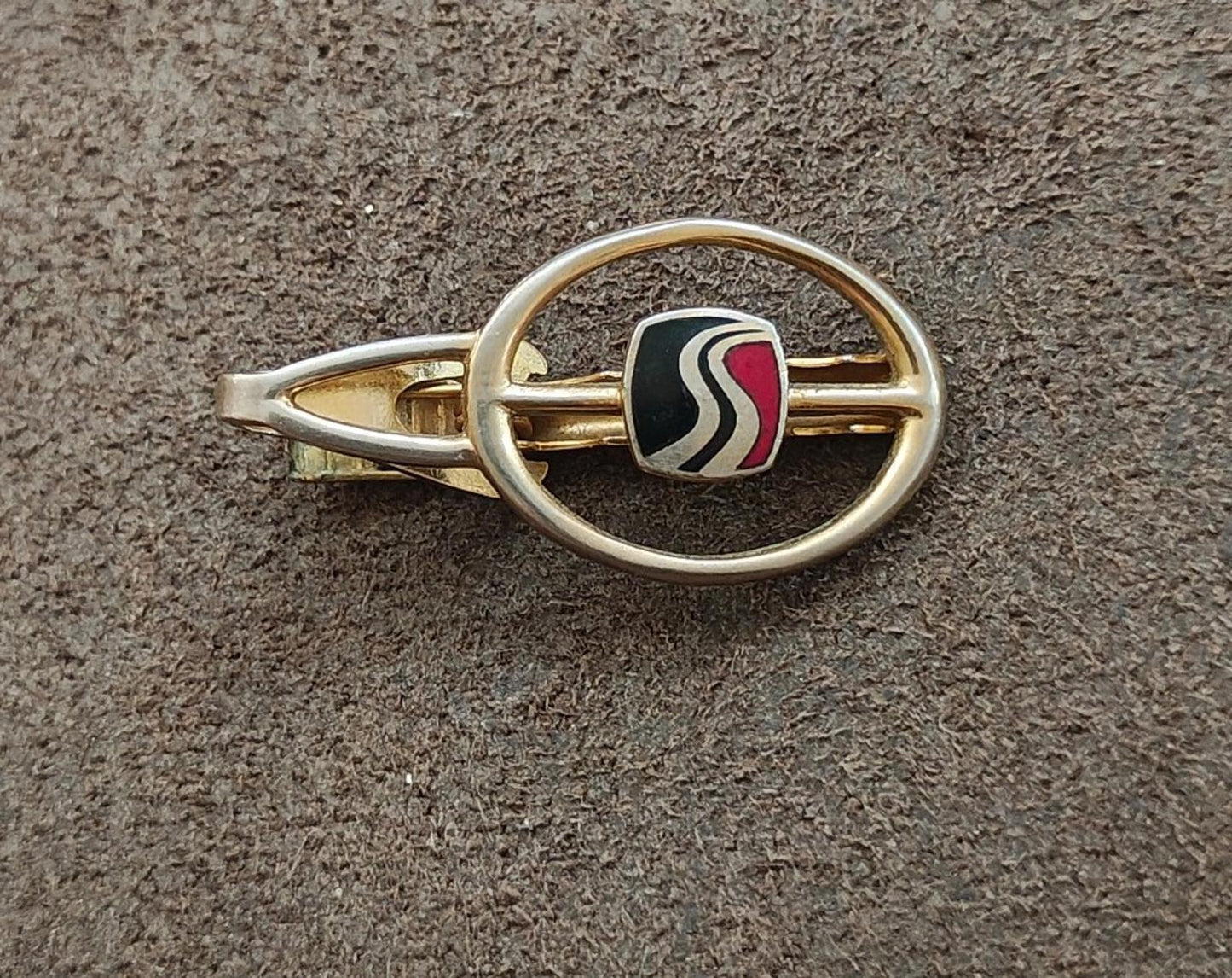 1980s Gold Tone Enamel Highway Tie Clip