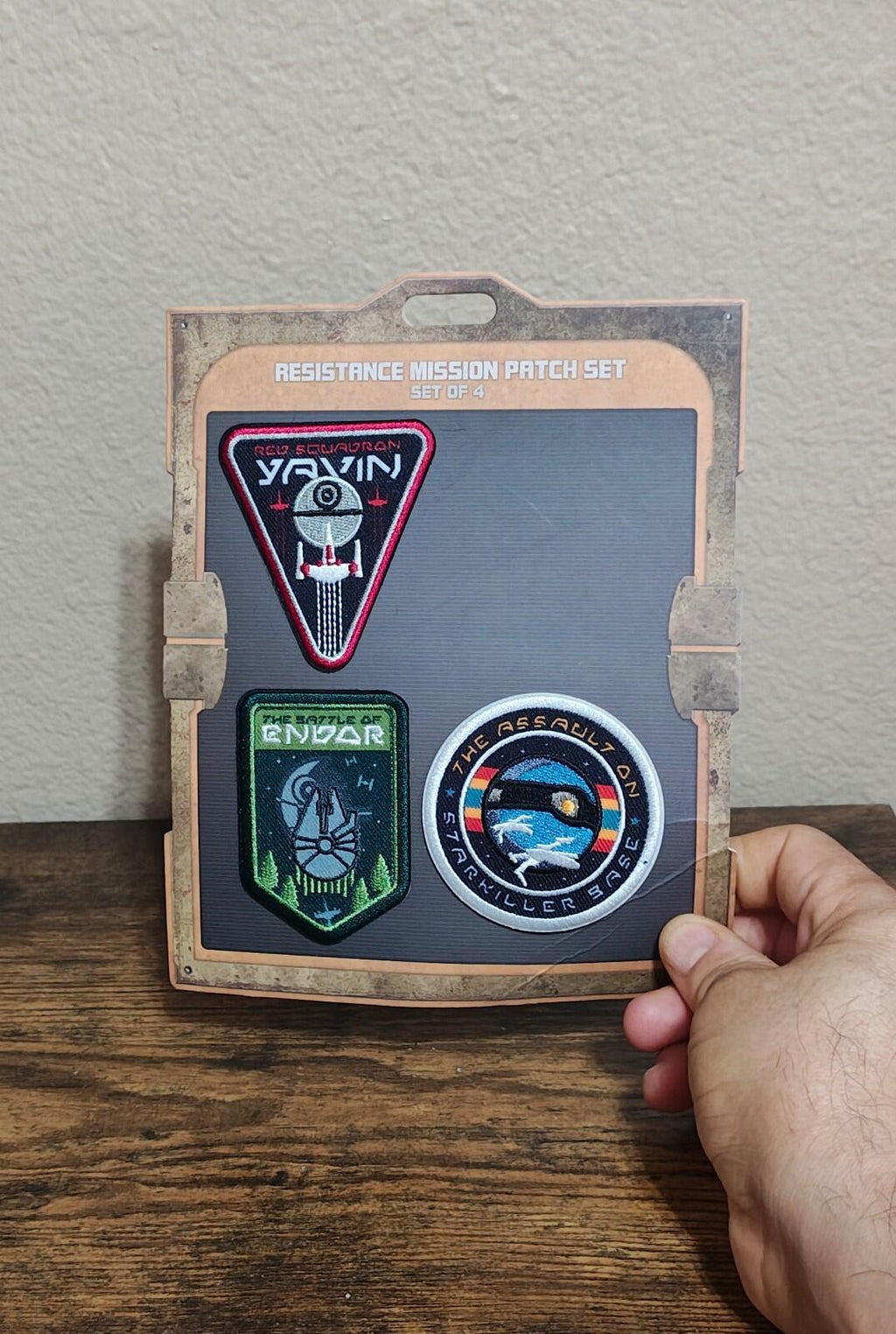Resistance mission patch set package showing three embroidered patches: triangle, square, round