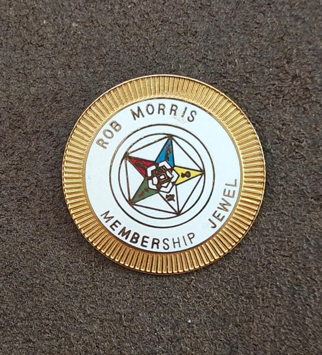 Gold-tone enamel membership jewel pin, round face with 'Rob Morris' and emblem.