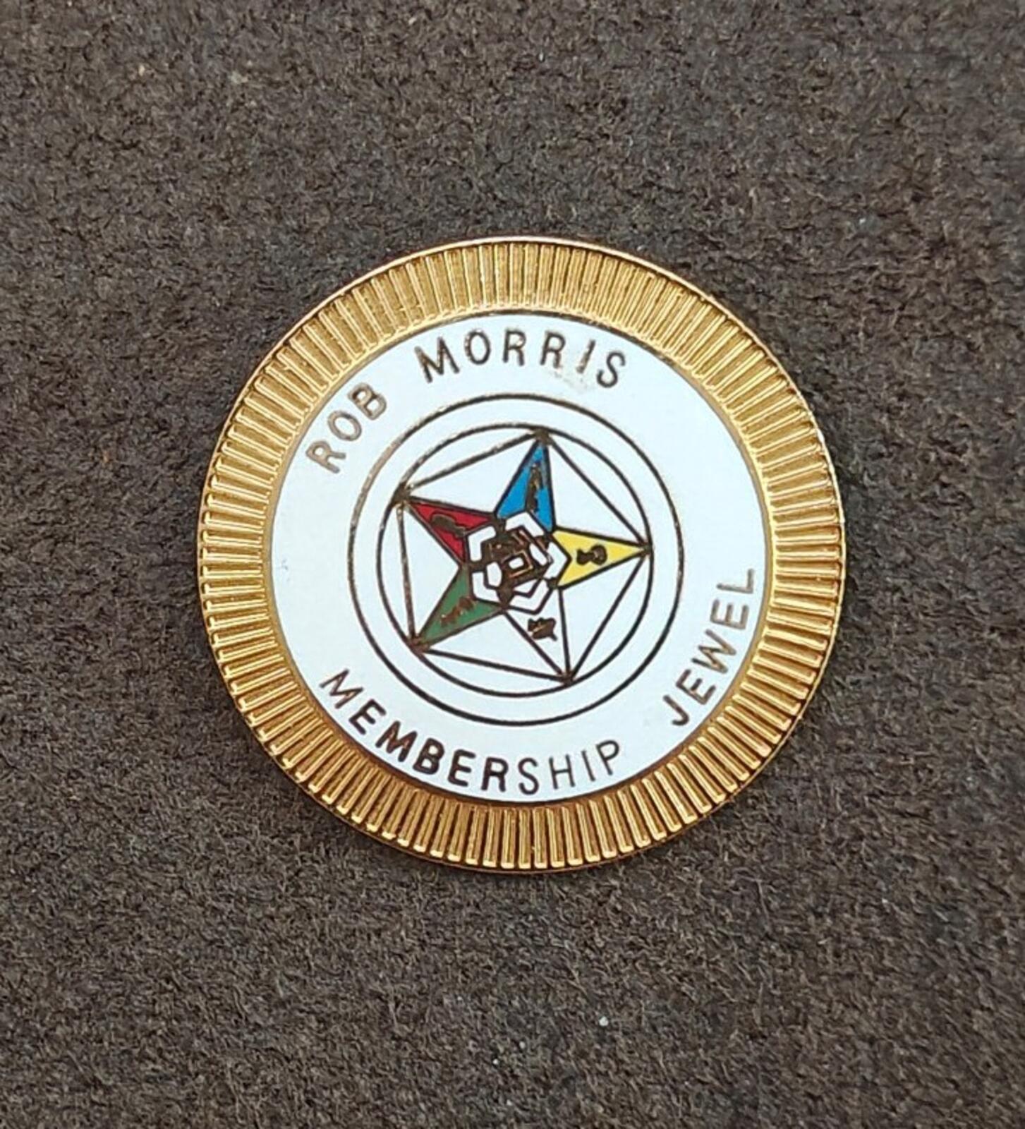 Gold-tone enamel membership jewel pin, round face with 'Rob Morris' and emblem.