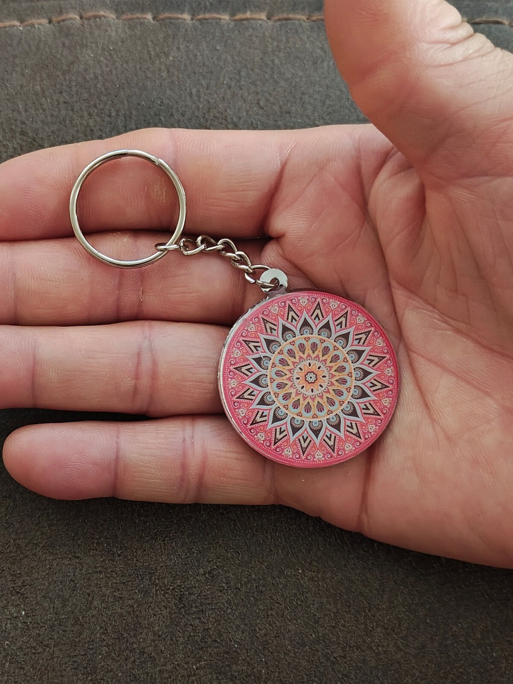 Silver Tone Pink Bohemian Mandala Art Keychain