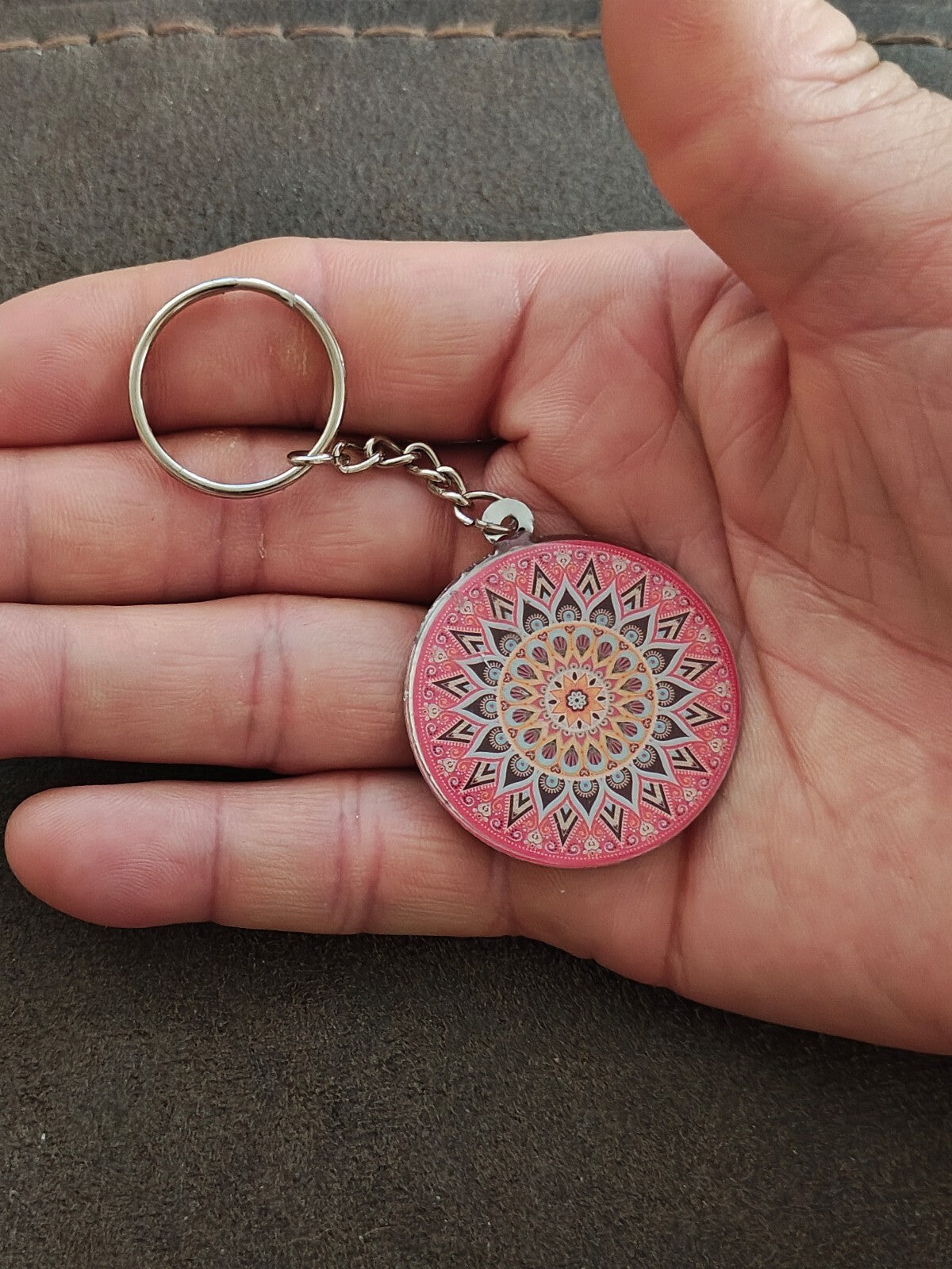 Silver Tone Pink Bohemian Mandala Art Keychain