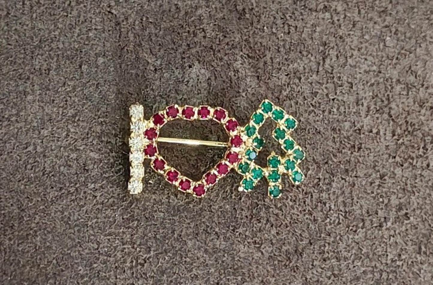1980s "I Heart Christmas Tree" Gold Tone With Multi Colored Rhinestones Brooch