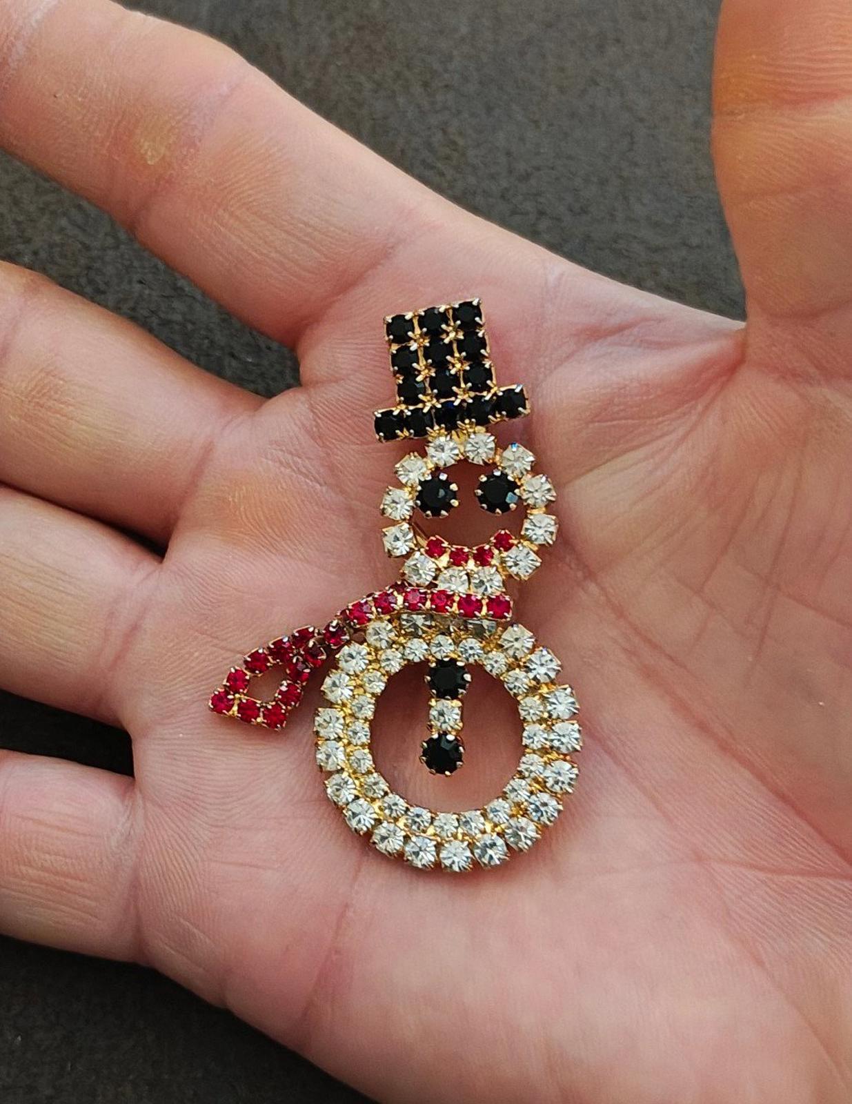 1990s Gold Tone With Red, Black and Clear Rhinestones Snowman Brooch