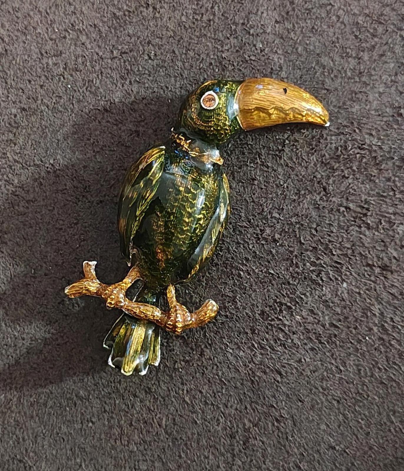 1980's Green And Orange Enamel Toucan Bird With Pink Brooch