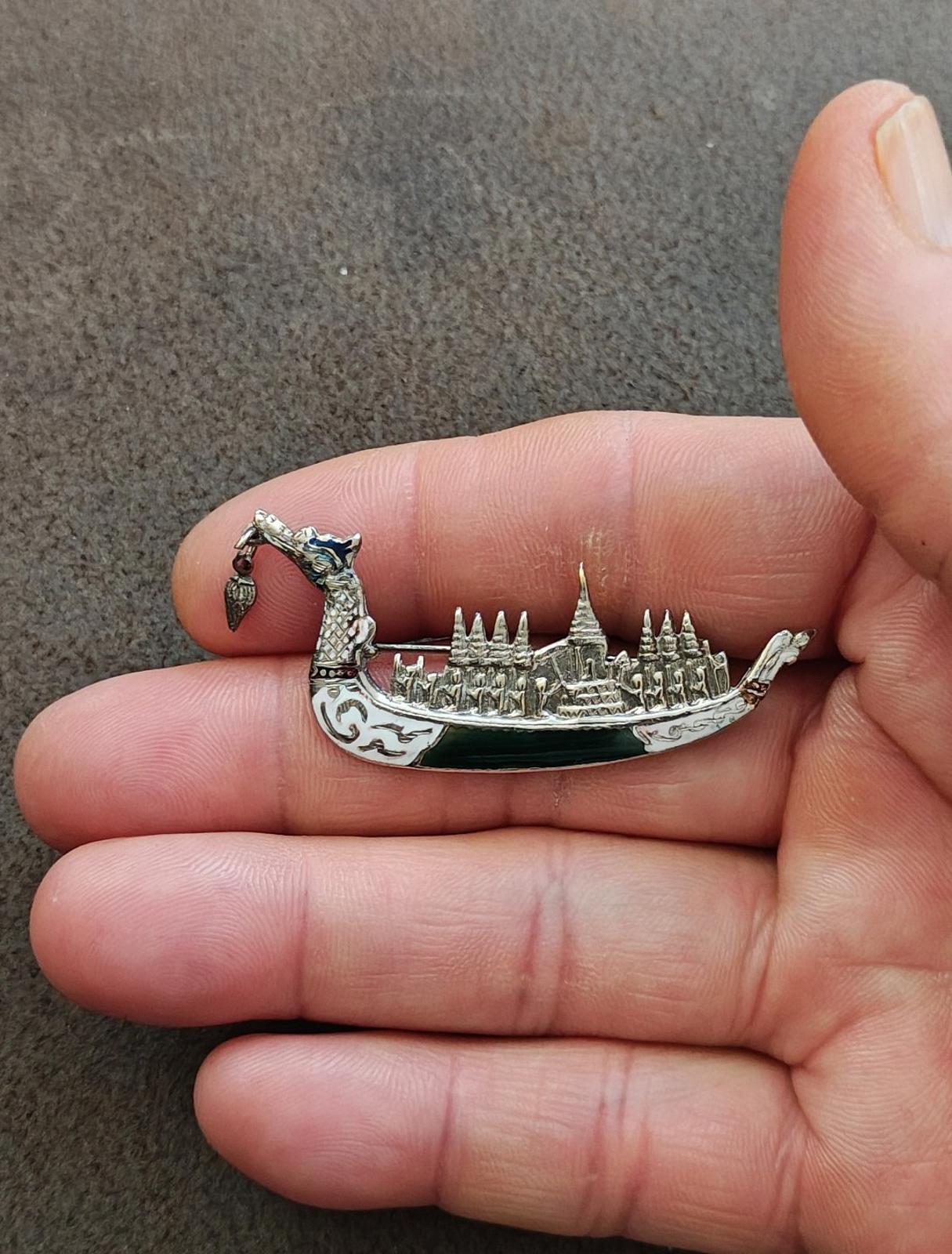 1950's Siam Thai Royal Dragon Sterling Silver Black and White Enamel Brooch