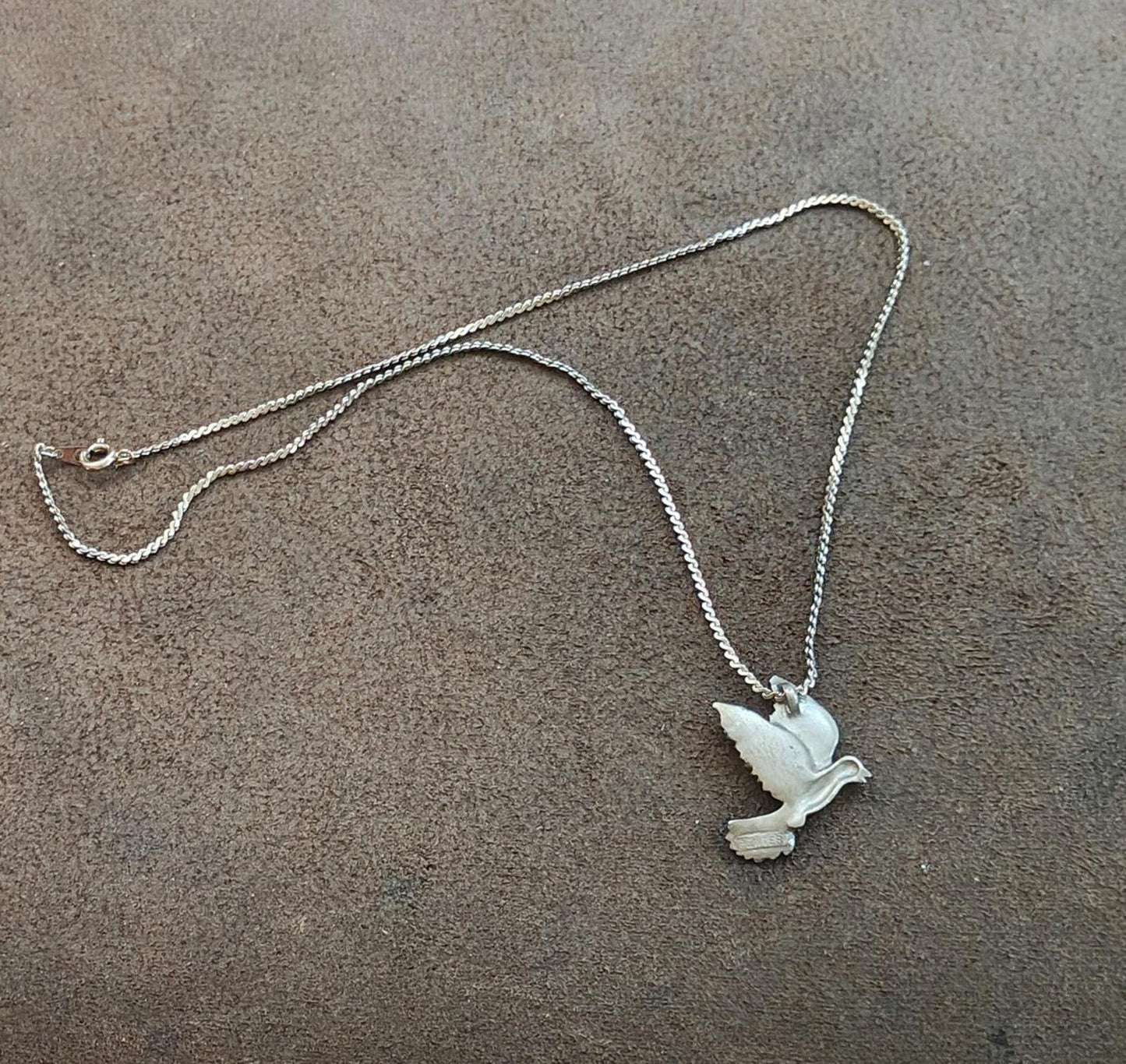 1980s Pewter Dove Pendant With Silver Tone Chain