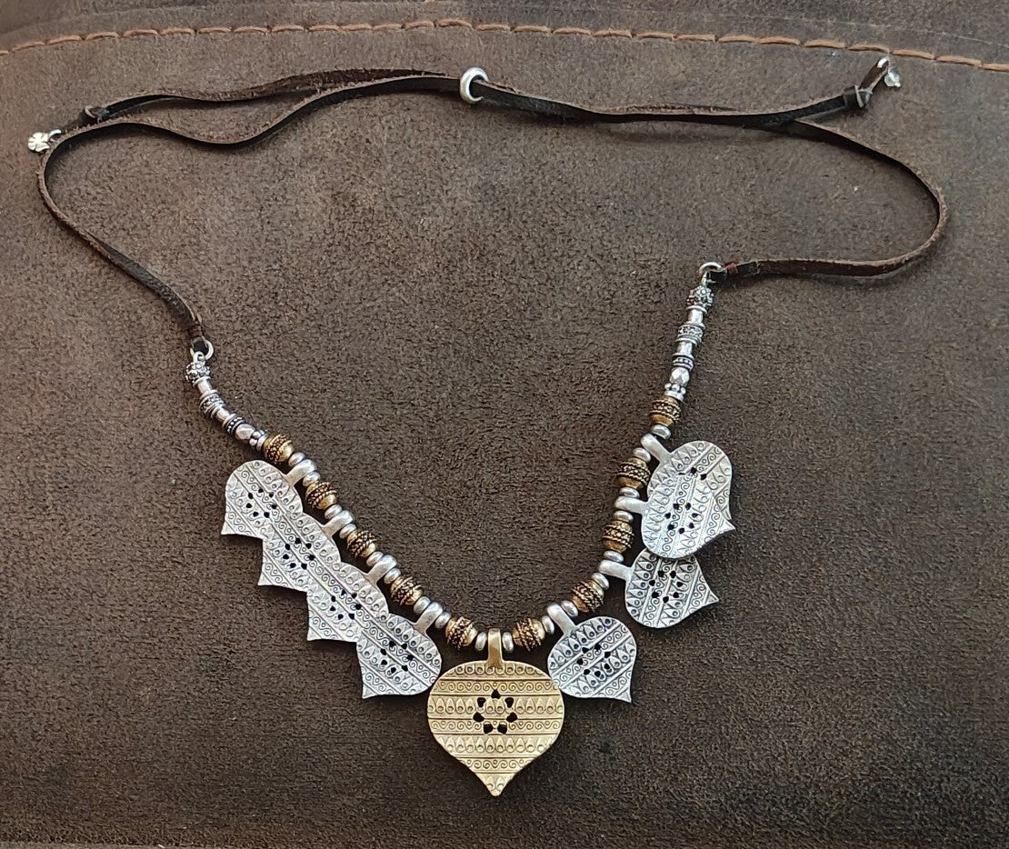 Lucky Brand Two Tone Medallion Bead & Adjustable Leather Cord Pendant Necklace
