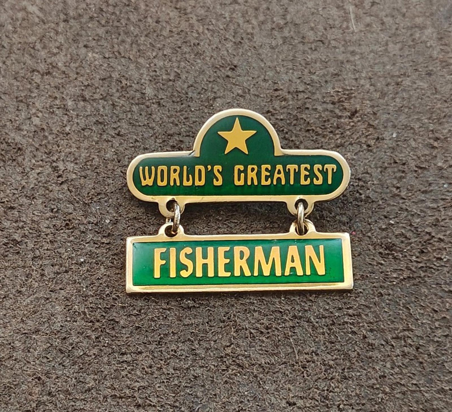 1970s "Worlds Greatest Fisherman Gold Tone Green Enamel Dangle Pin