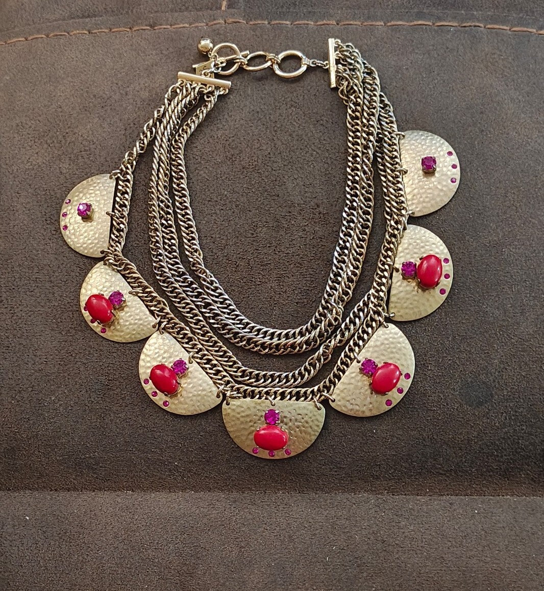 2000s Sequin Gold Tone Rhinestones & Red Stones Statement Necklace