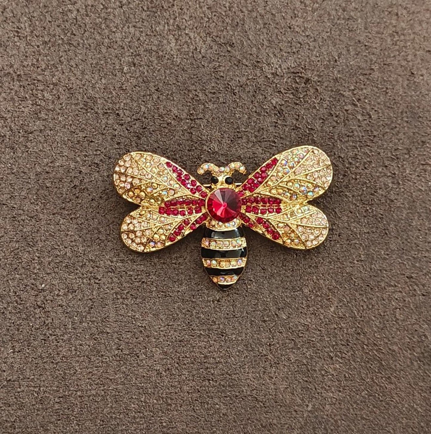 Vintage Bumblebee Style Gold Tone With Sparkling Iridescent and Red Rhinestones Brooch Pin