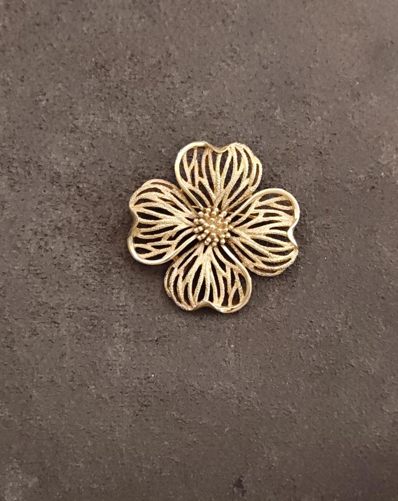 1950s/60s Gold Tone Vintage Textured Crown Trifari Dogwood Flower Brooch