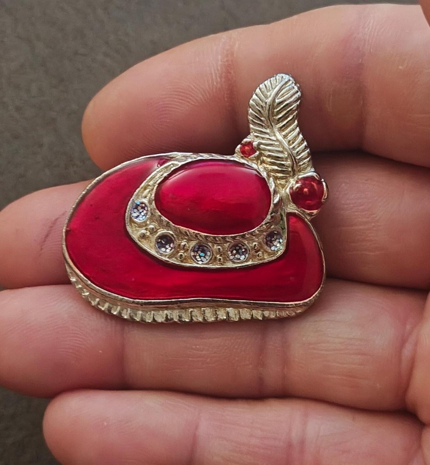 1990s Red Hat Society Silver Tone With Red Enamel & Glitter Accents Brooch
