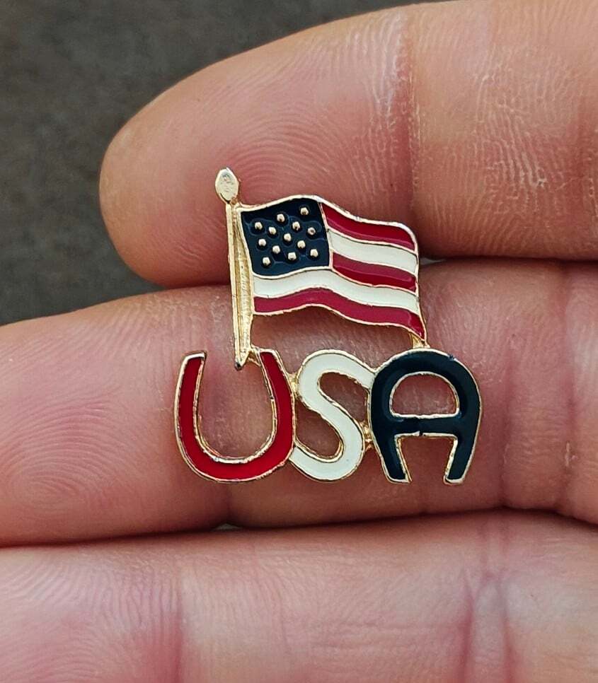 2000 Patriotic Horseshoe Style Letters USA American Flag Enamel Pin