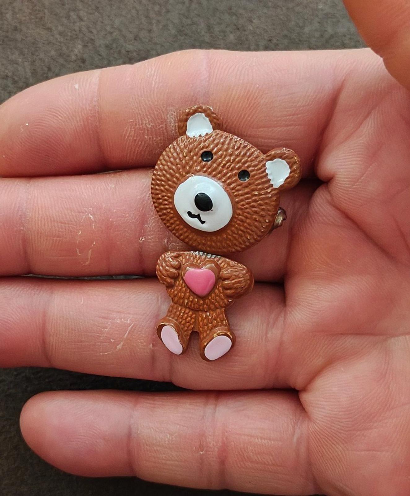 1970s/80s Metal Articulated Brown, White and Pink Enamel Teddy Bear Brooch