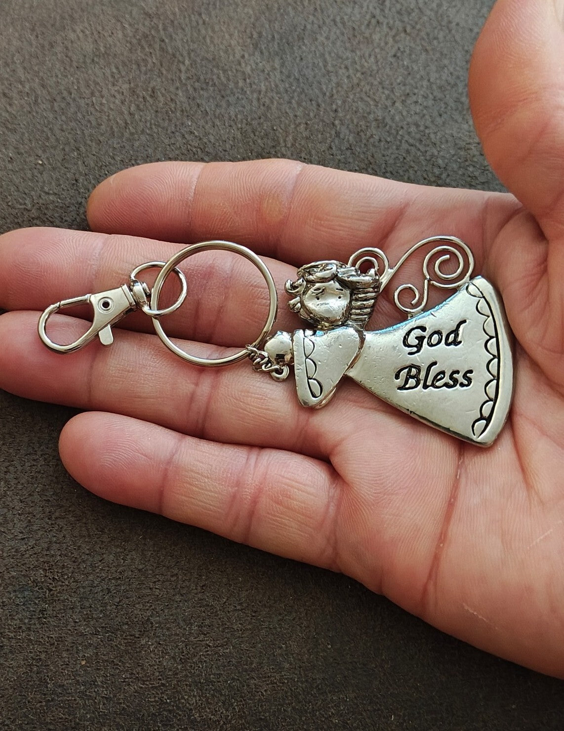 Ganz Silver Tone "God Bless" Angel Charm Keychain