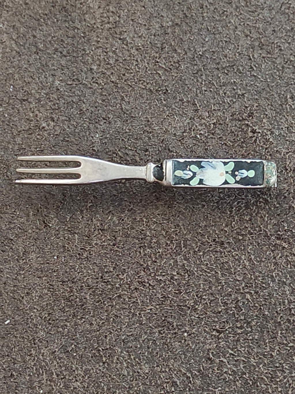 1930s/40s Miniature Silver Tone Fork With Floral Enamel Brooch Pin.