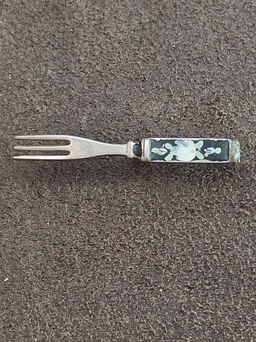 1930s/40s Miniature Silver Tone Fork With Floral Enamel Brooch Pin.