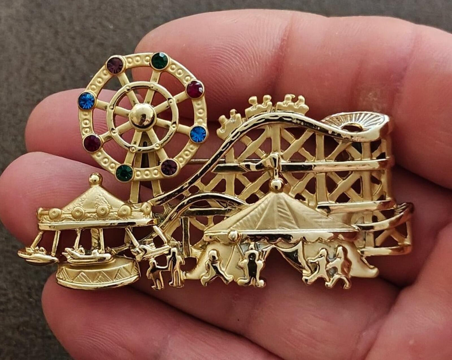 1980s Signed AJC Carnival Themed Gold Tone Brooch.
