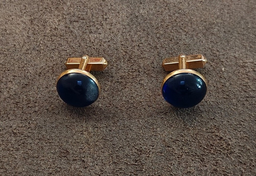 1950s/60s Swank Round Cobalt Blue Lucite Cabochon Gold Tone Cufflinks