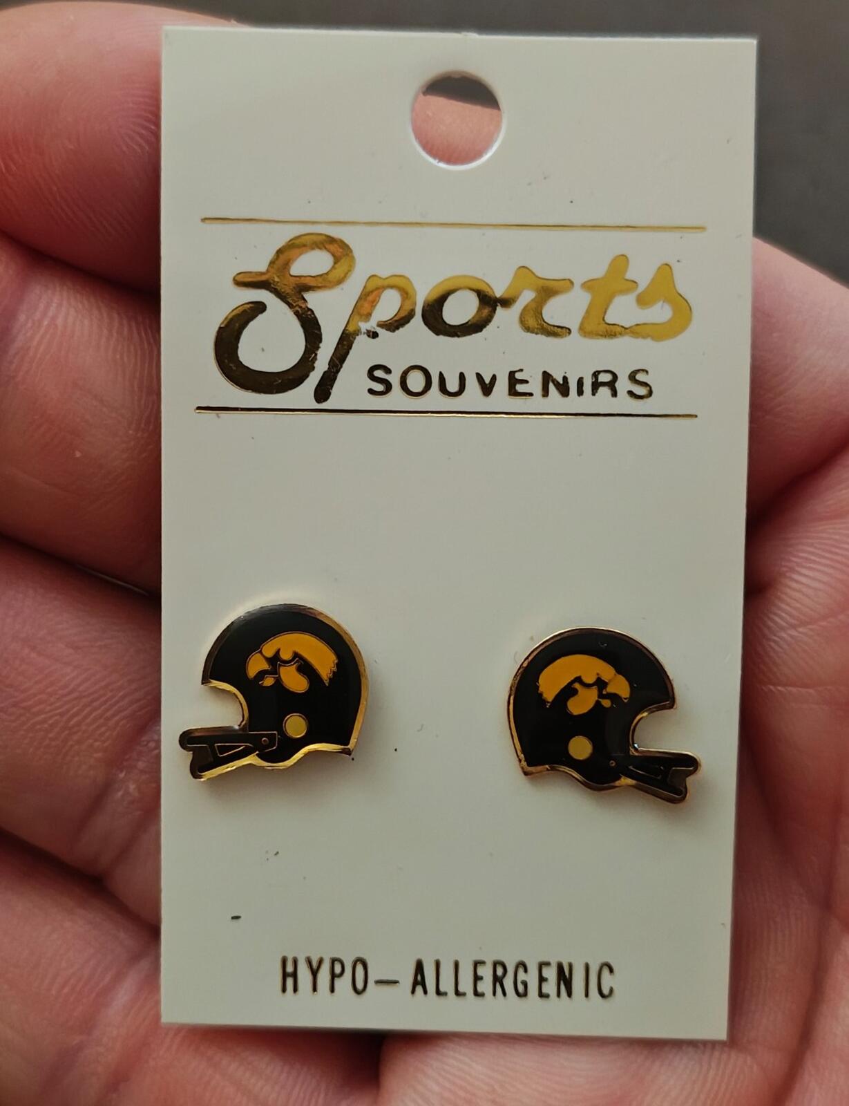 1980s University of Iowa Hawkeyes Helmet Gold Tone Enamel Stud Earrings