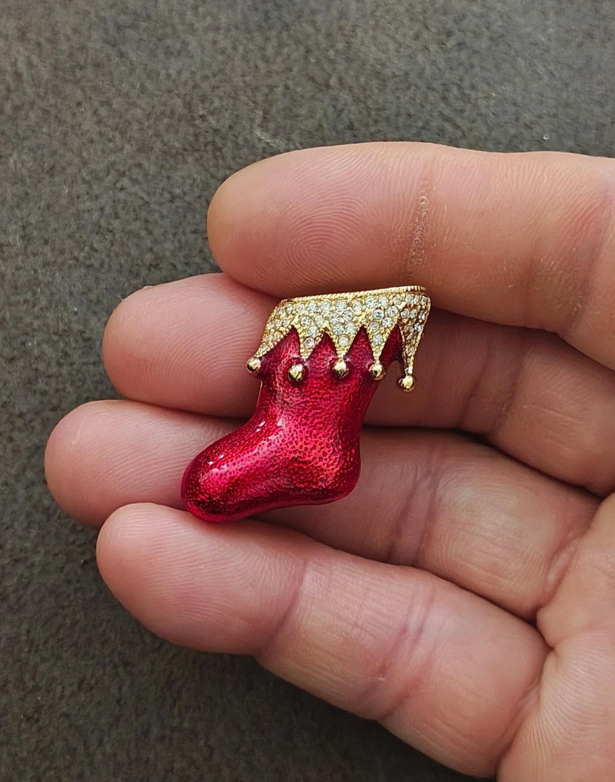 1990's Gold Tone Enamel With Crystal Rhinestones Santa Boot/Stocking Brooch