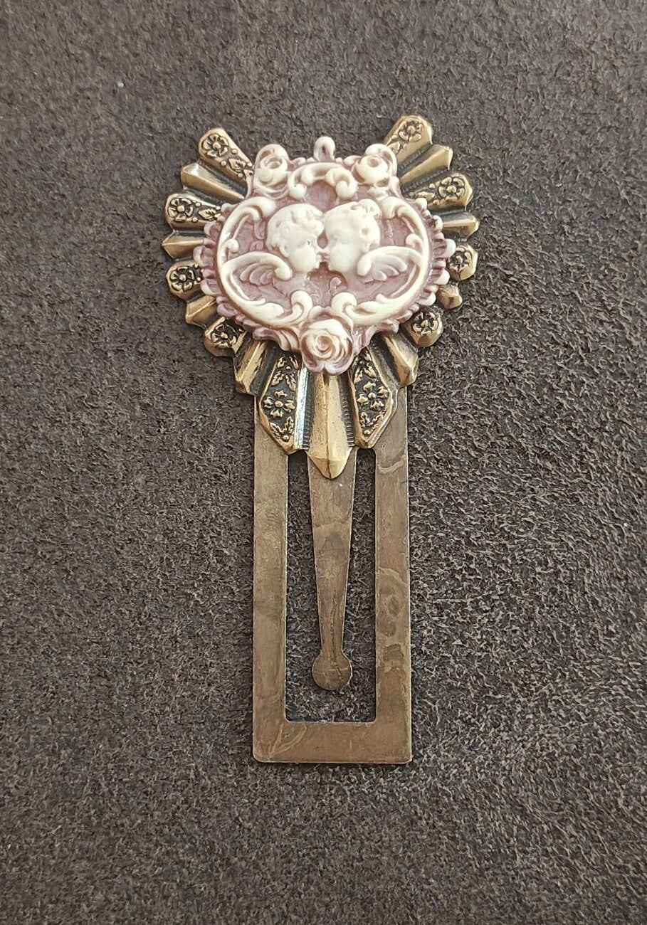 1990s Ornate Brass Cherub Cameo Bookmark/Victorian Revival Page Marker