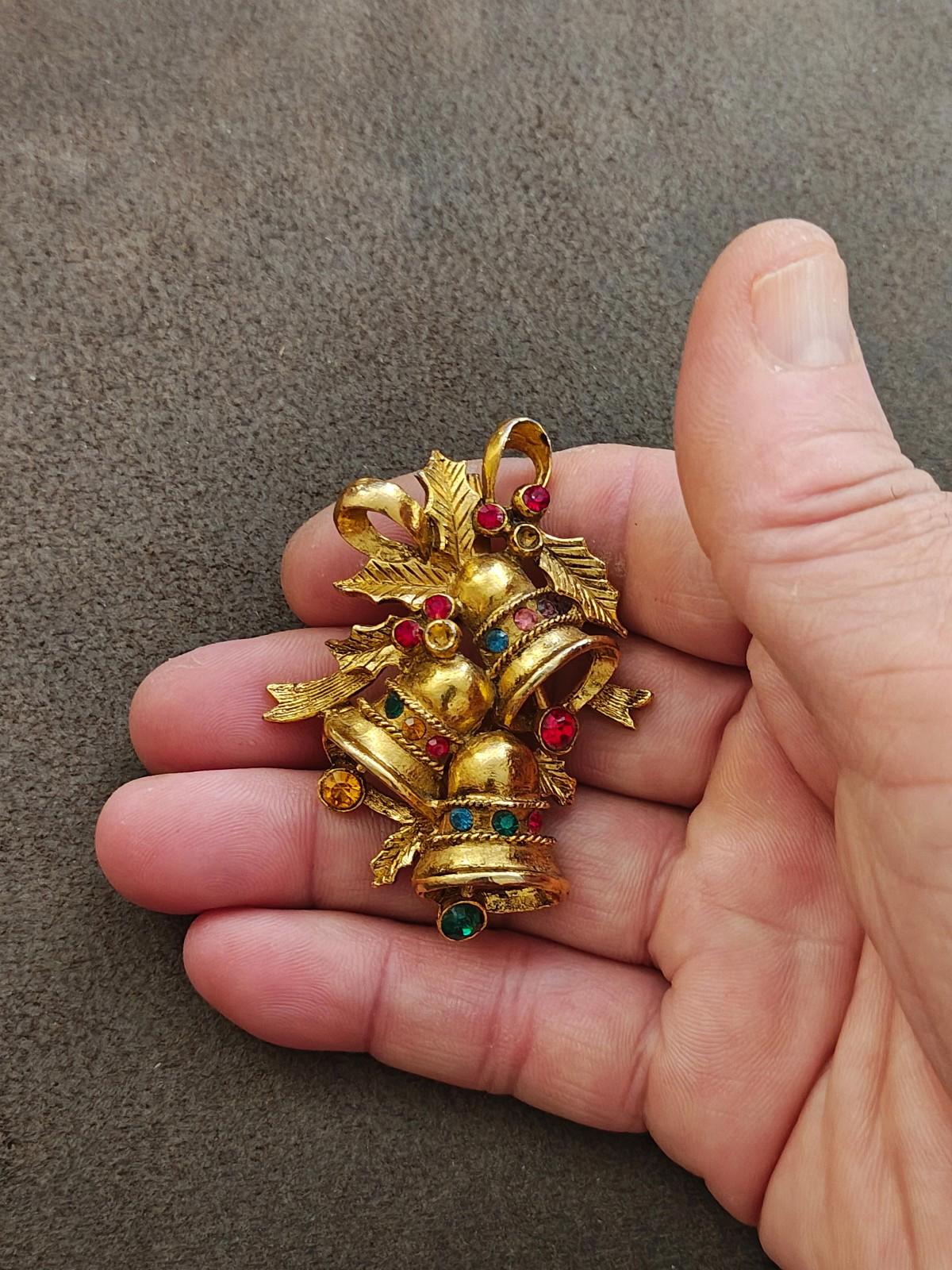1970s Beatrix Gold Tone With Rhinestones Christmas Bell Brooch.