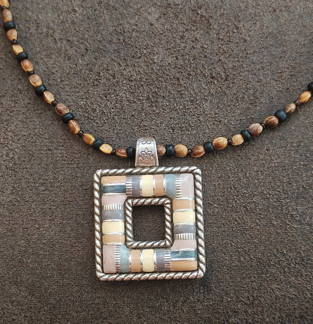 Retired Brighton "Cabana" Square  Pendant Necklace With Custom Beaded Strand