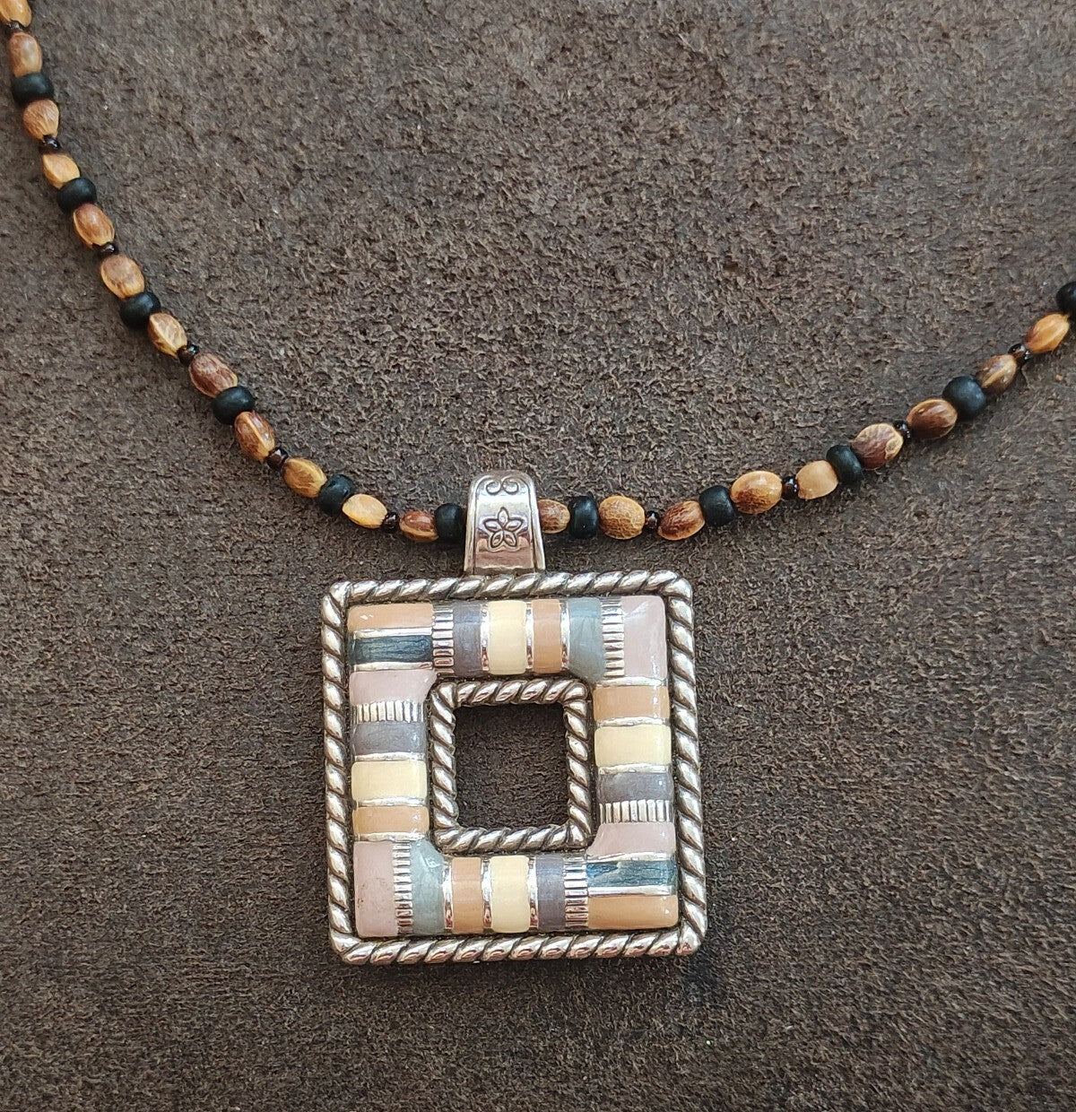 Retired Brighton "Cabana" Square  Pendant Necklace With Custom Beaded Strand